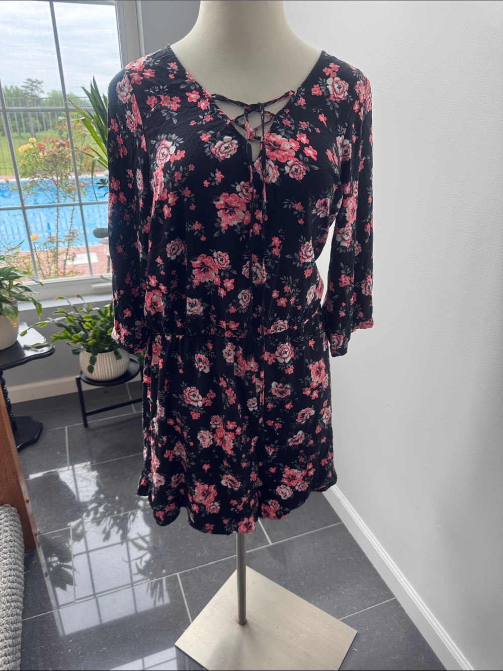 Torrid Black Floral Lace-Up Romper with Ruffle Hem